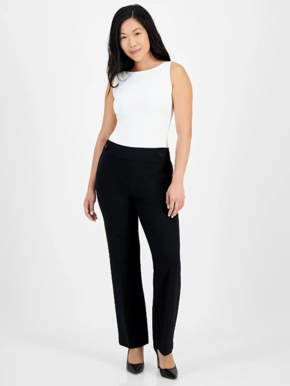 AK Anne Klein Women's XL Petite Black Pull-On Side-Tab Bootcut Leg Trousers NWT